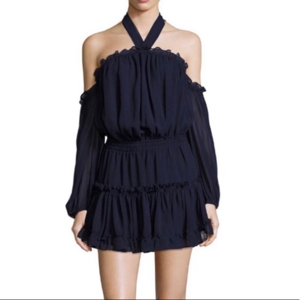 MISA Los Angeles Navy Mini Blouson Popover Dress